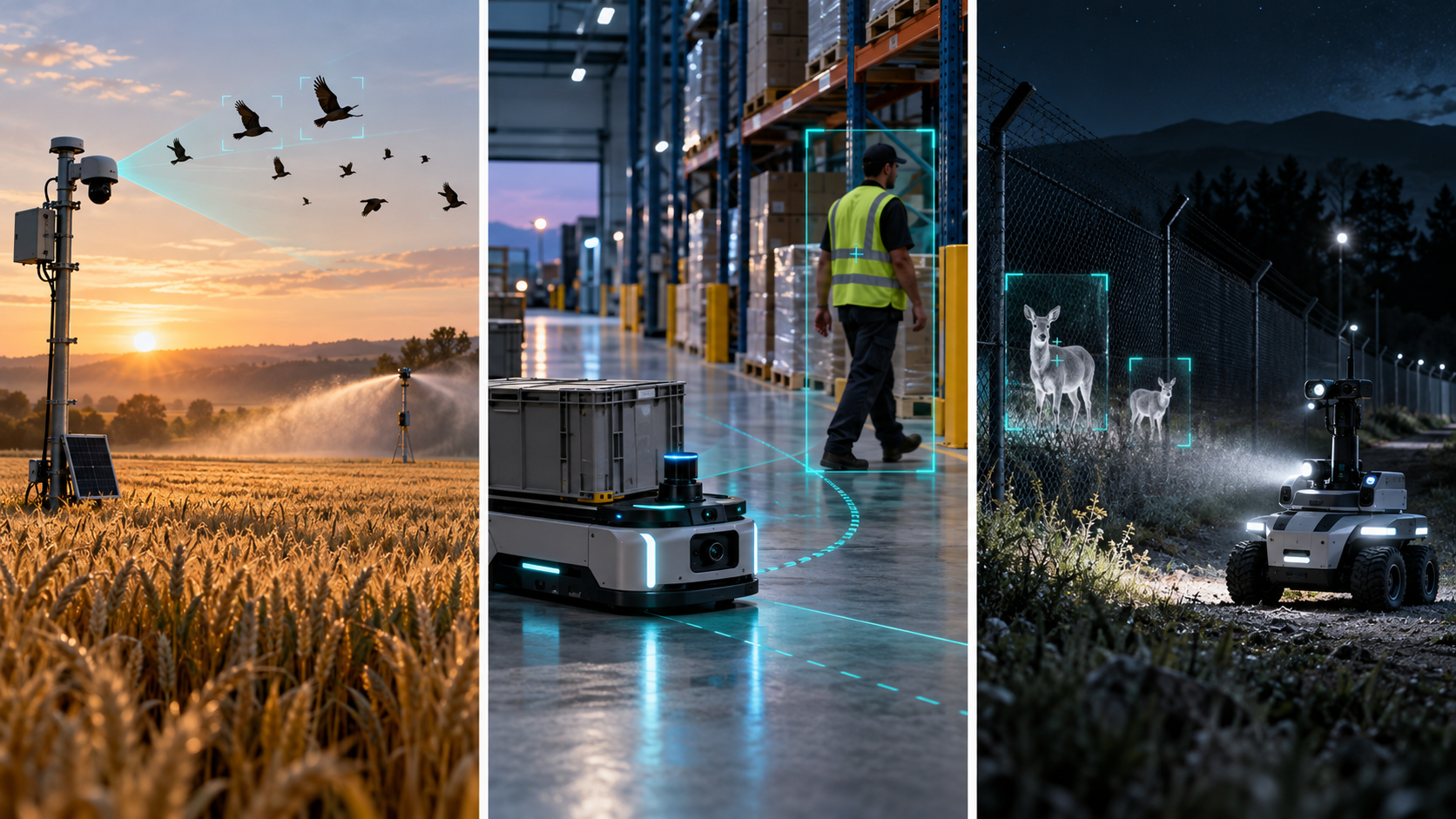 Conceptual illustration of VisionGuard scenarios: field surveillance, warehouse object detection, and nighttime perimeter inspection by a robot
